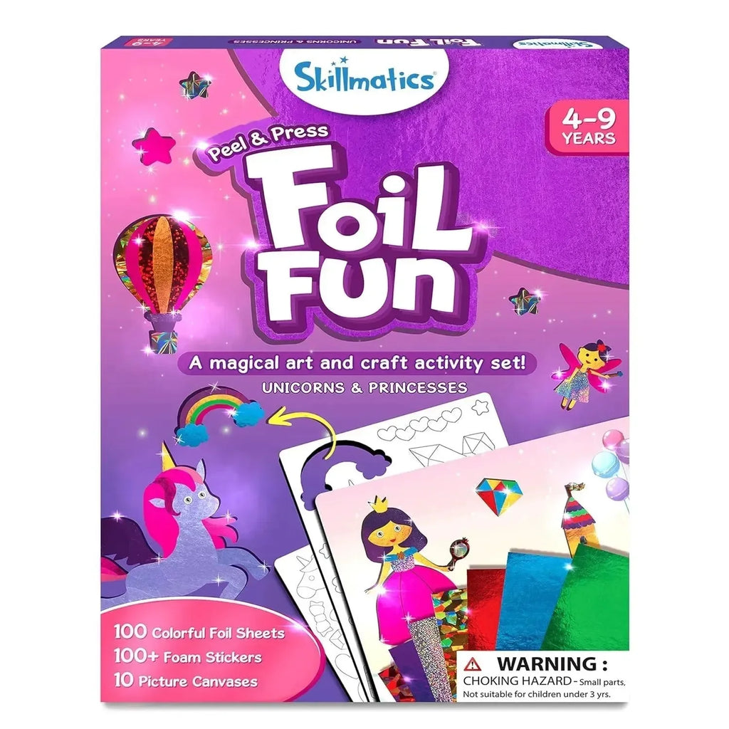 Skillmatics Foil Fun Unicorns & Princess – DIY Foil Art & Craft Kit for Girls Ages 4 to 9 | 10 Picture Canvases, 100+ Foam Stickers, 100 Foil Sheets | Mess-Free Creative Kit - Naivri