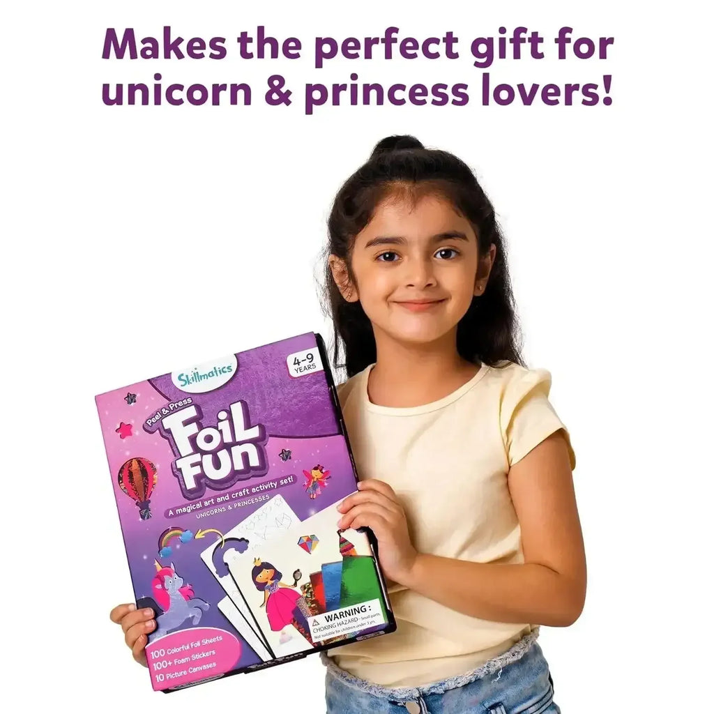 Skillmatics Foil Fun Unicorns & Princess – DIY Foil Art & Craft Kit for Girls Ages 4 to 9 | 10 Picture Canvases, 100+ Foam Stickers, 100 Foil Sheets | Mess-Free Creative Kit - Naivri