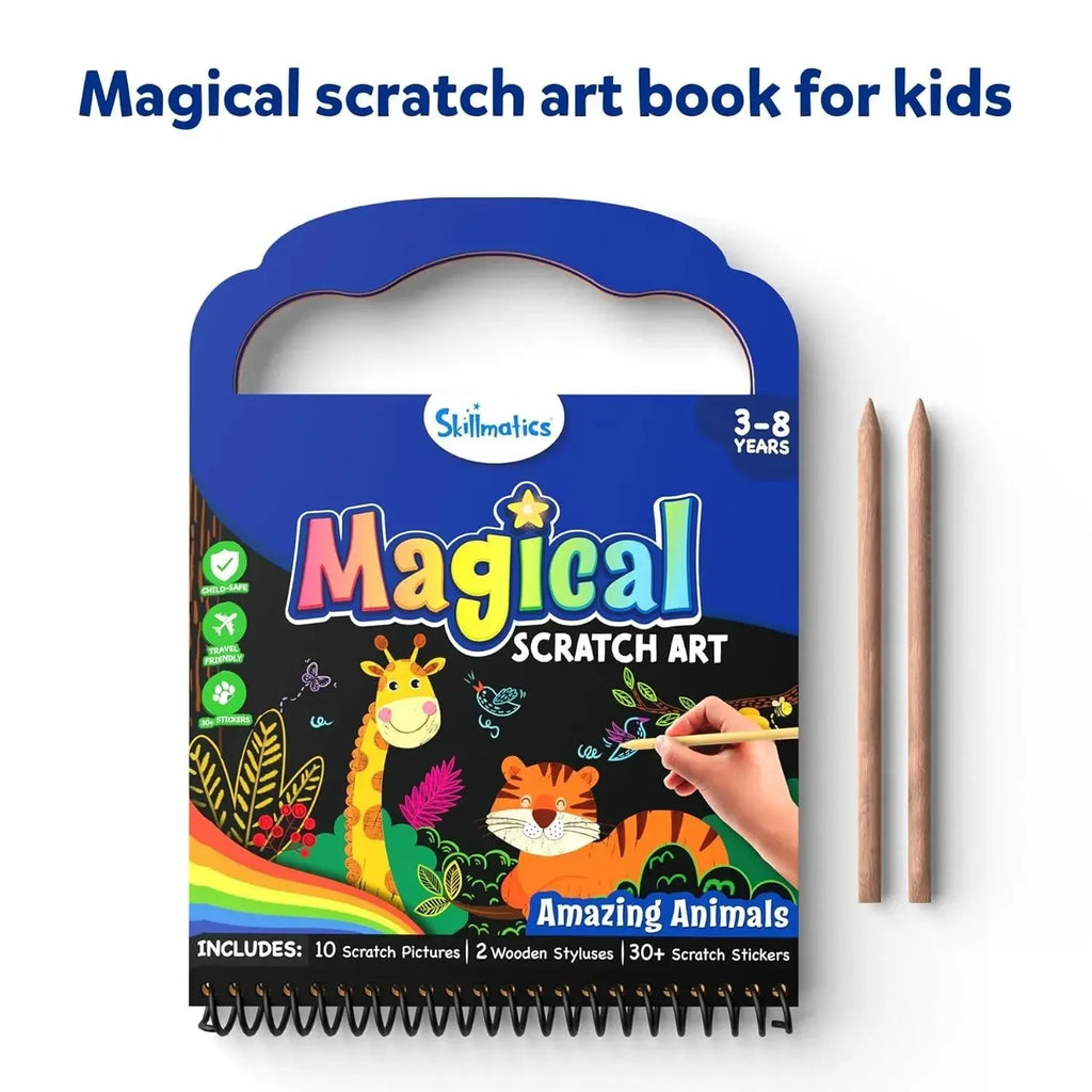 Skillmatics Magical Scratch Art – Amazing Animals | DIY Scratch Art Kit for Kids Ages 3–8 | 10 Scratch Boards & 30+ Stickers - Naivri