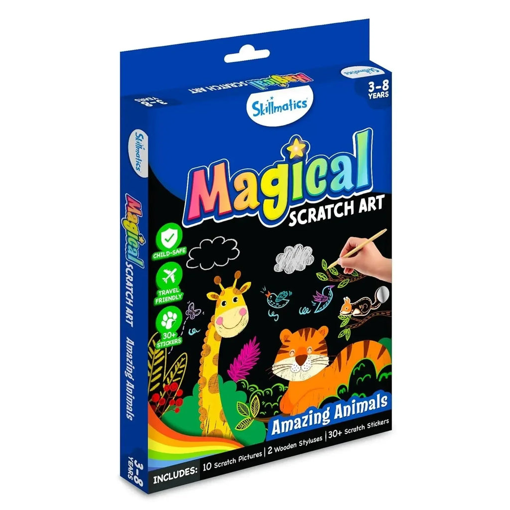 Skillmatics Magical Scratch Art – Amazing Animals | DIY Scratch Art Kit for Kids Ages 3–8 | 10 Scratch Boards & 30+ Stickers - Naivri