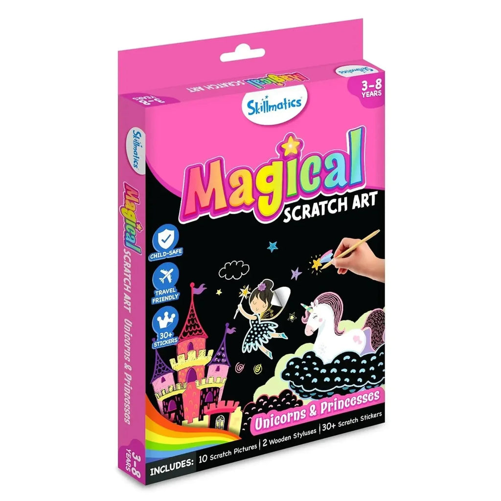 Skillmatics Magical Scratch Art – Unicorns & Princesses | DIY Scratch Art Activity Kit for Kids Ages 3–8 | 10 Scratch Boards & 30+ Stickers - Naivri