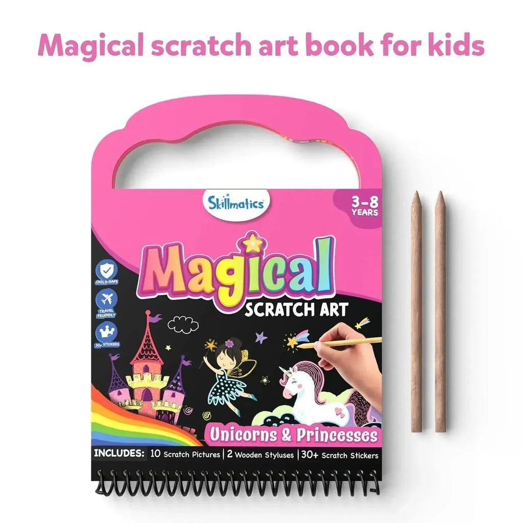 Skillmatics Magical Scratch Art – Unicorns & Princesses | DIY Scratch Art Activity Kit for Kids Ages 3–8 | 10 Scratch Boards & 30+ Stickers - Naivri