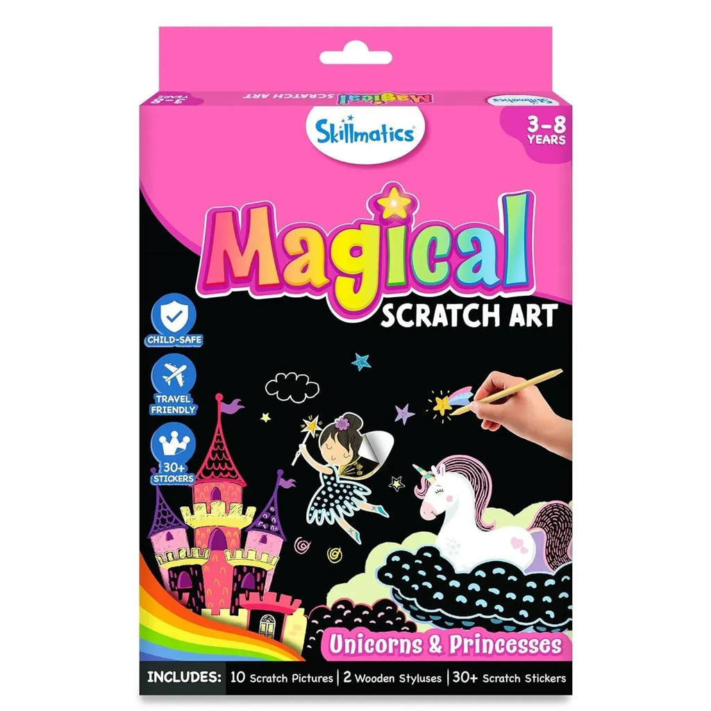 Skillmatics Magical Scratch Art – Unicorns & Princesses | DIY Scratch Art Activity Kit for Kids Ages 3–8 | 10 Scratch Boards & 30+ Stickers - Naivri