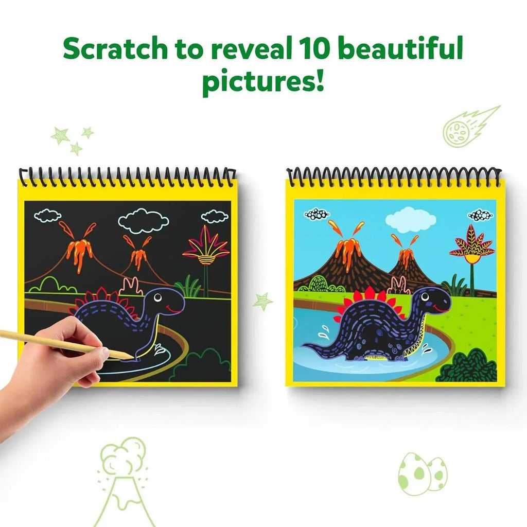Skillmatics Magical Scratch Art – World of Dinosaurs | 10 Scratch Boards, 30+ Stickers & 2 Wooden Styluses | Creative Activity Book for Kids - Naivri