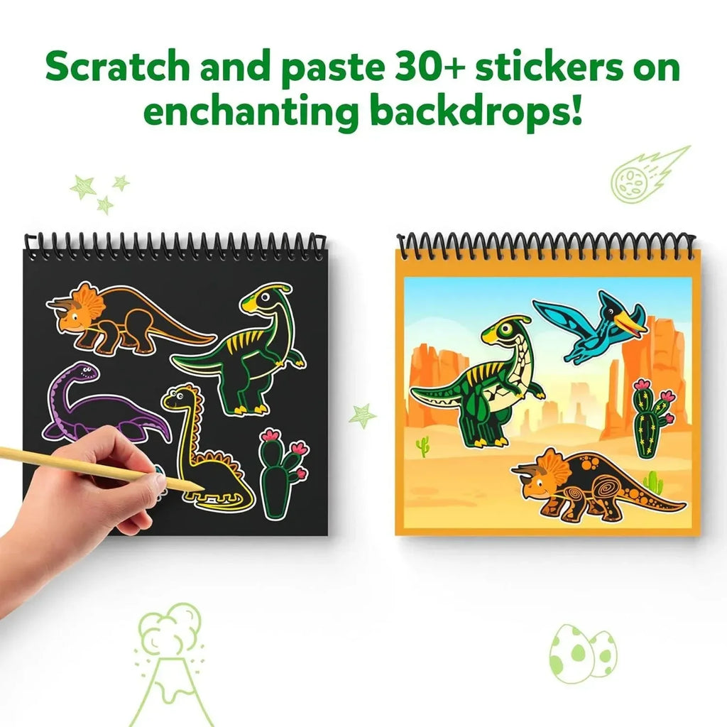Skillmatics Magical Scratch Art – World of Dinosaurs | 10 Scratch Boards, 30+ Stickers & 2 Wooden Styluses | Creative Activity Book for Kids - Naivri