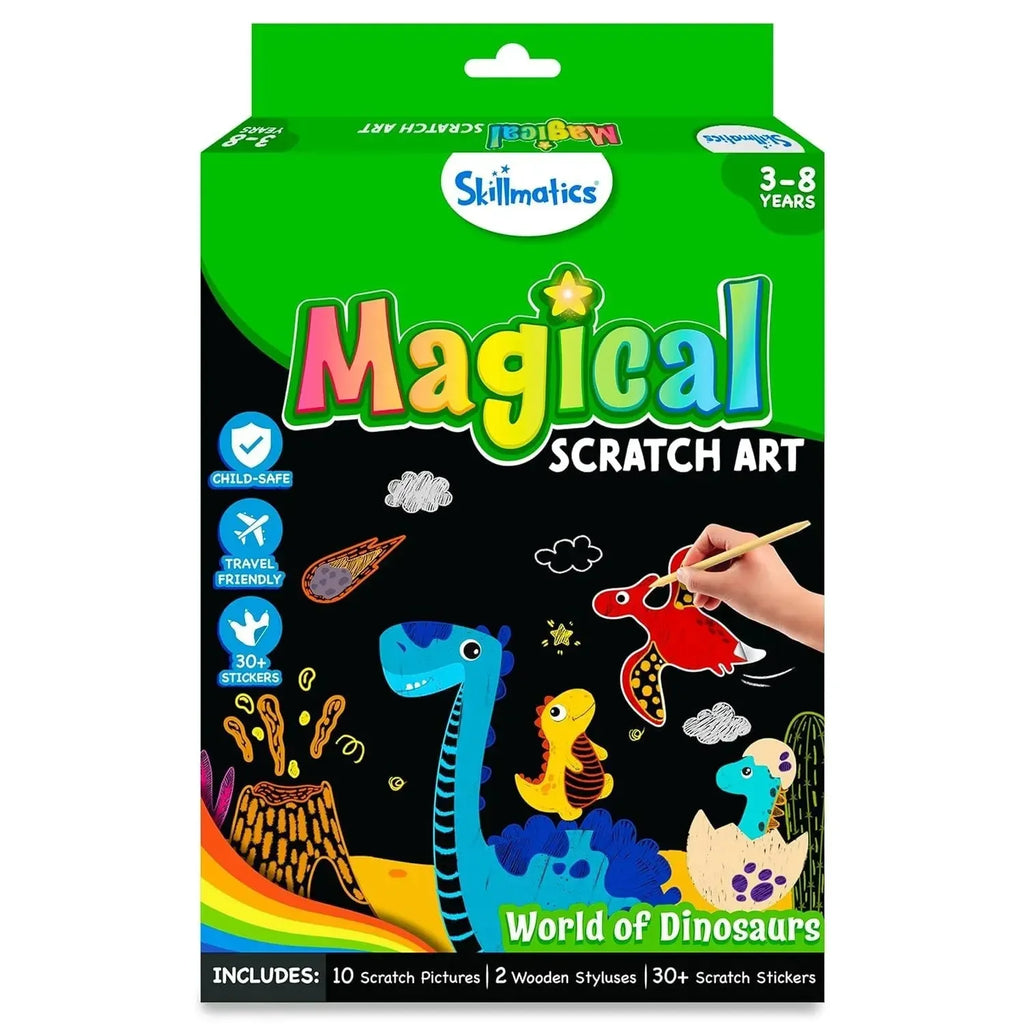 Skillmatics Magical Scratch Art – World of Dinosaurs | 10 Scratch Boards, 30+ Stickers & 2 Wooden Styluses | Creative Activity Book for Kids - Naivri