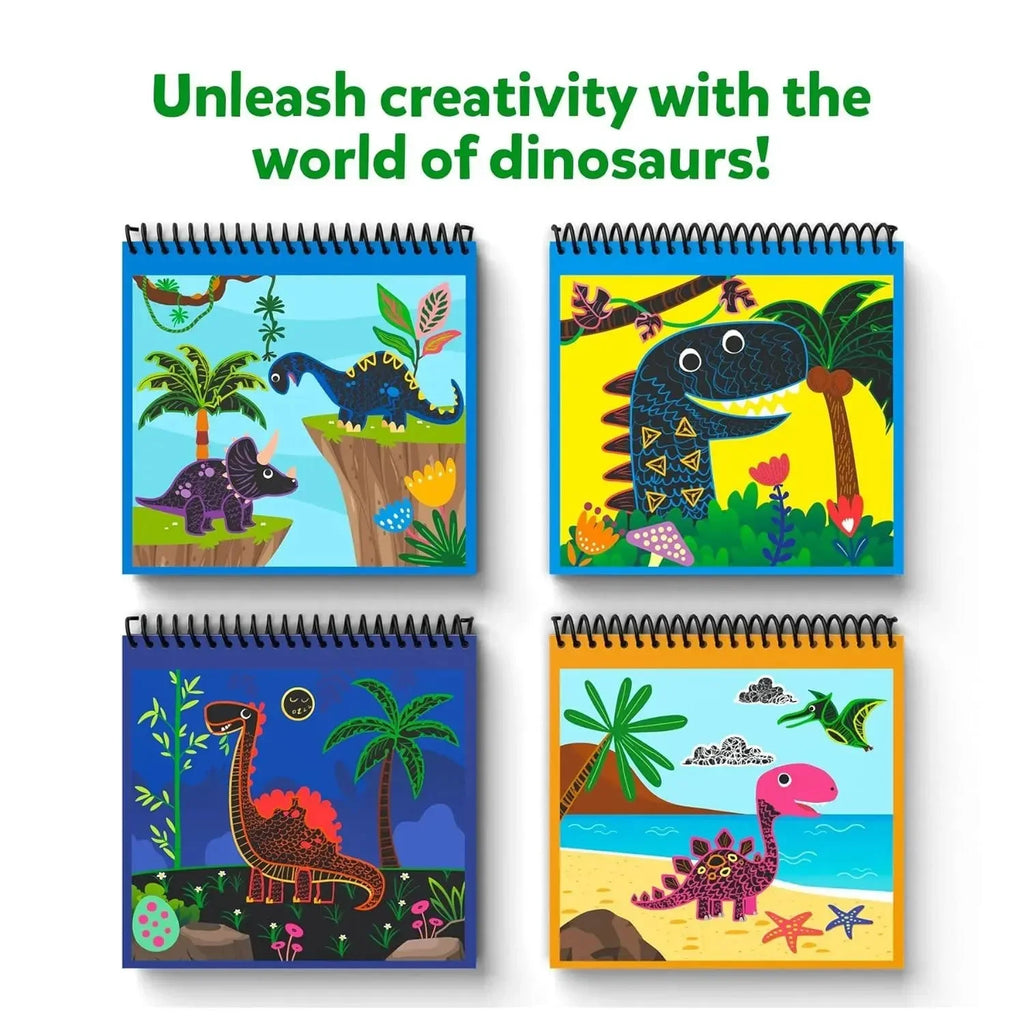 Skillmatics Magical Scratch Art – World of Dinosaurs | 10 Scratch Boards, 30+ Stickers & 2 Wooden Styluses | Creative Activity Book for Kids - Naivri