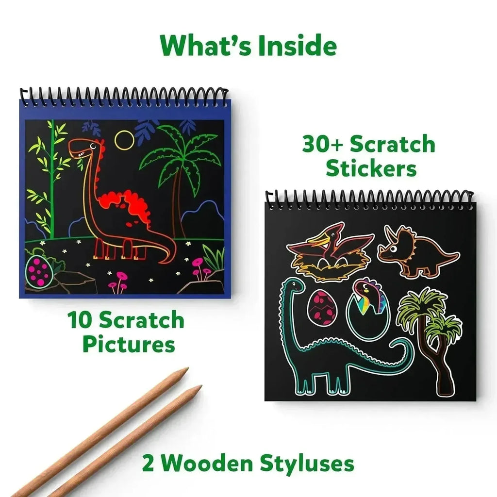Skillmatics Magical Scratch Art – World of Dinosaurs | 10 Scratch Boards, 30+ Stickers & 2 Wooden Styluses | Creative Activity Book for Kids - Naivri