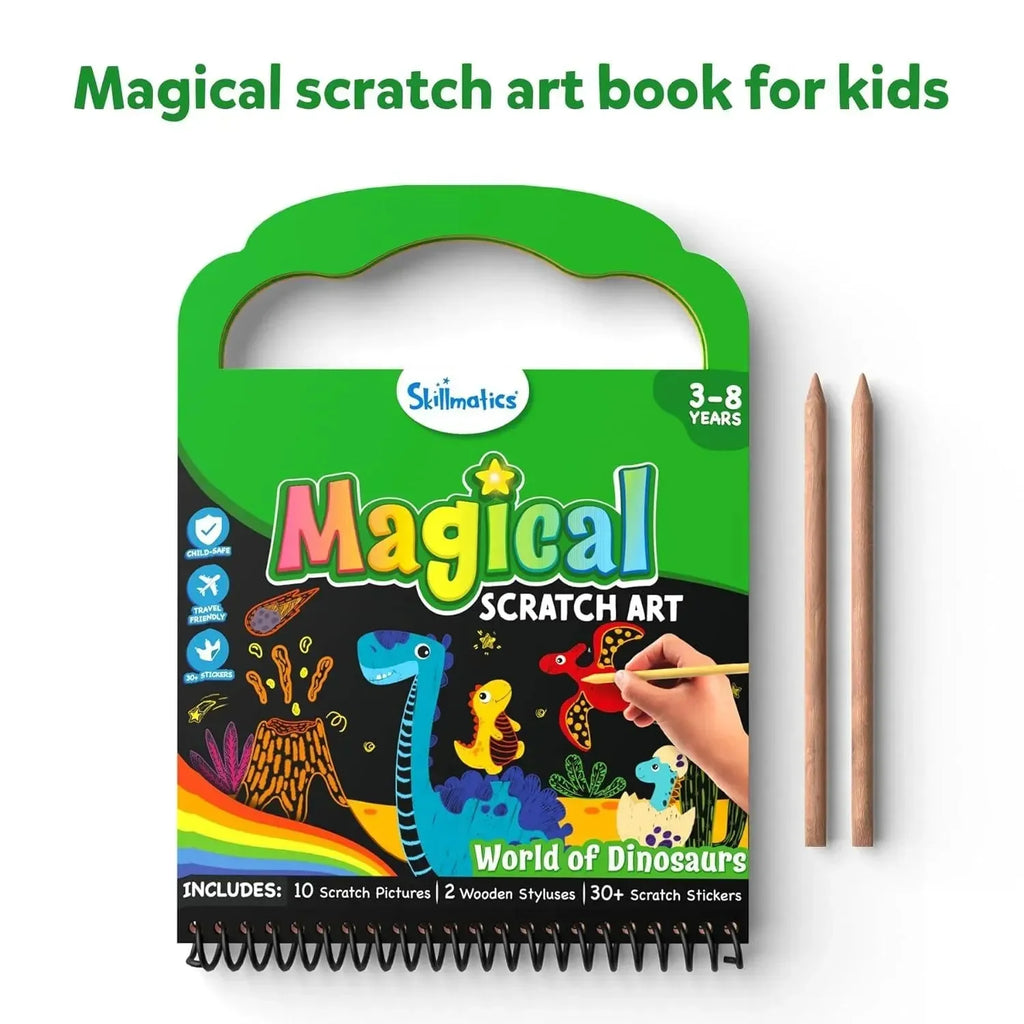 Skillmatics Magical Scratch Art – World of Dinosaurs | 10 Scratch Boards, 30+ Stickers & 2 Wooden Styluses | Creative Activity Book for Kids - Naivri