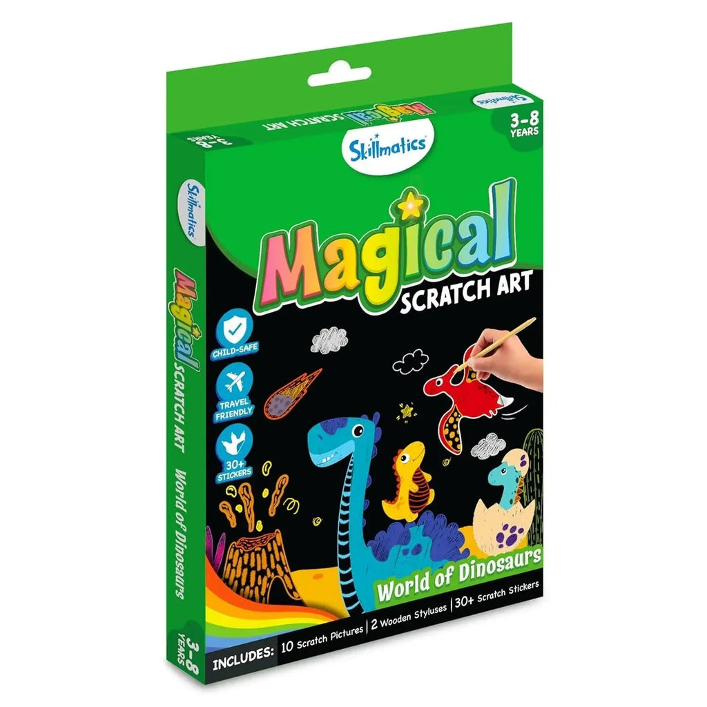 Skillmatics Magical Scratch Art – World of Dinosaurs | 10 Scratch Boards, 30+ Stickers & 2 Wooden Styluses | Creative Activity Book for Kids - Naivri