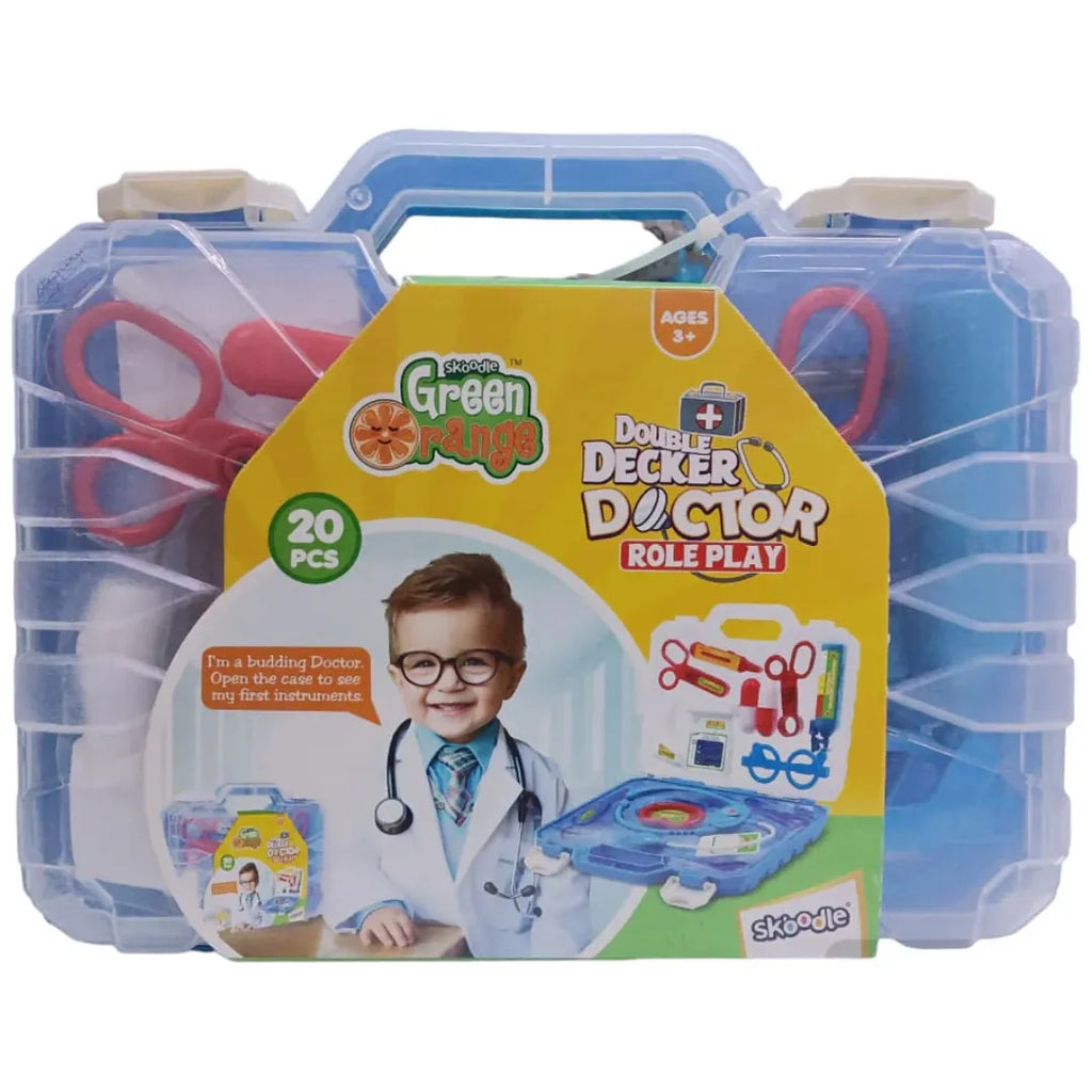 Skoodle Green Orange Double Decker Doctor Role Play Set | Pretend Play Medical Kit for Kids Ages 3+ | Portable Suitcase Toy - Naivri