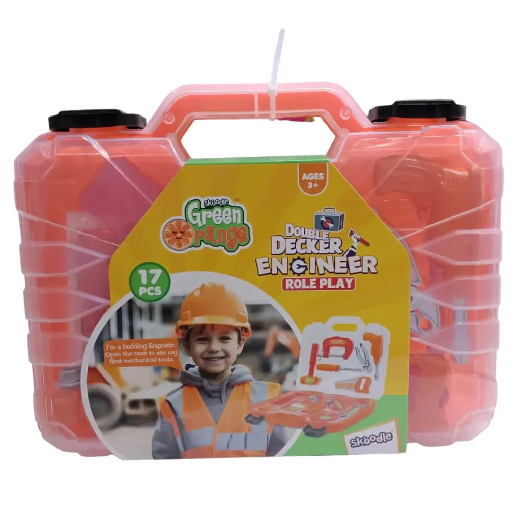 Skoodle Green Orange Double Decker Engineer Role Play Set | Pretend Play Construction Kit for Kids 3+ | Portable Suitcase Toy - Naivri