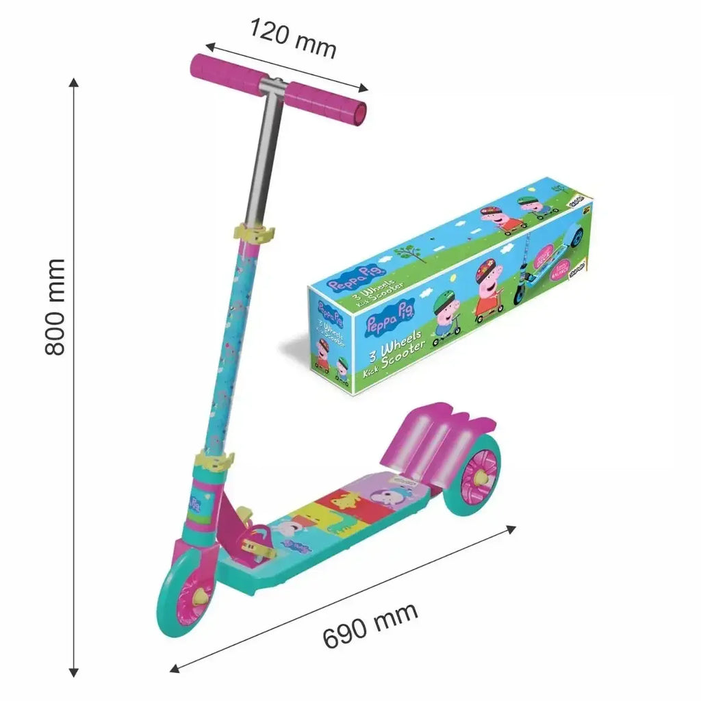 Skoodle Peppa Pig 3-Wheel Kick Scooter for Kids | Pink & Green | Adjustable Height, Foldable, Safe Ride-On Toy for Girls & Boys Age 3+ - Naivri