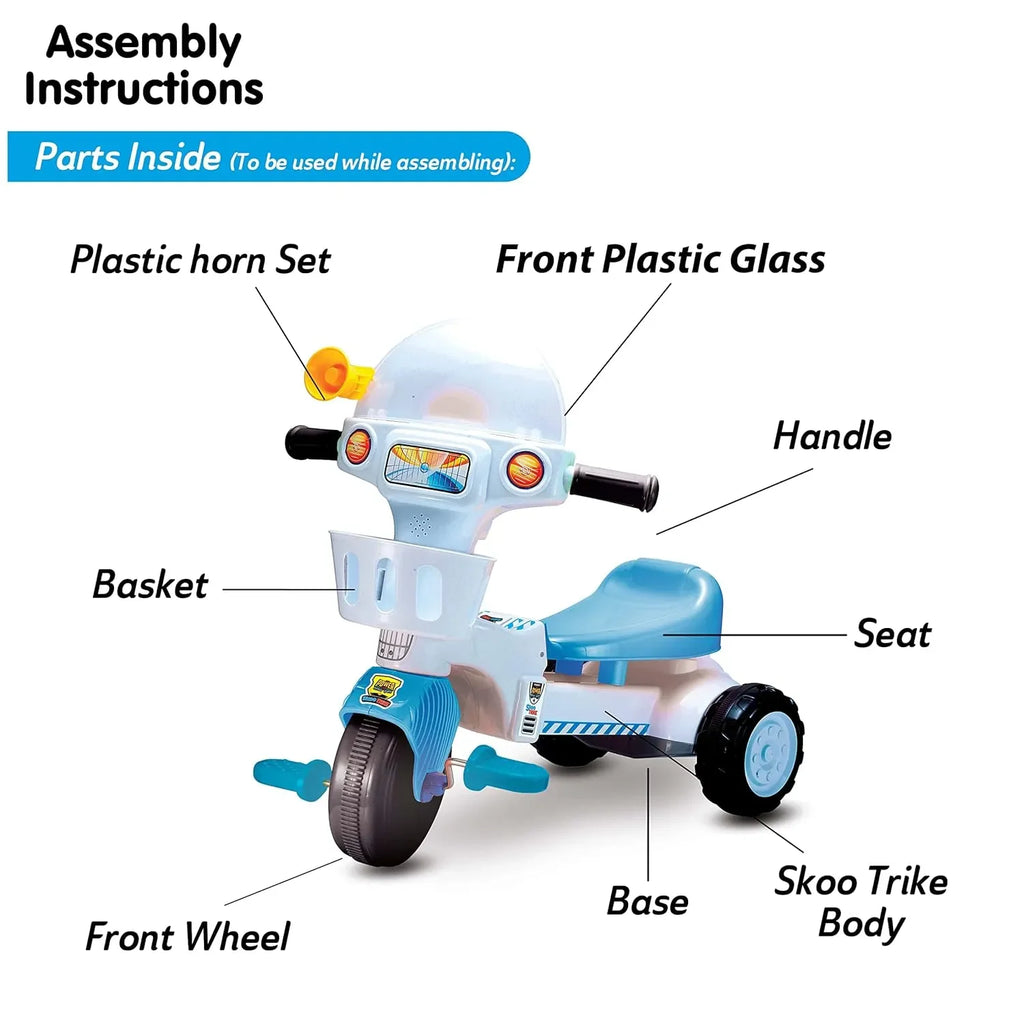 Skoodle PowerPlay Skoo-Trike Blue Tricycle for Kids | Front Storage Basket, Musical Feature, Non-Skid Chunky Wheels | Age 1+ - Naivri