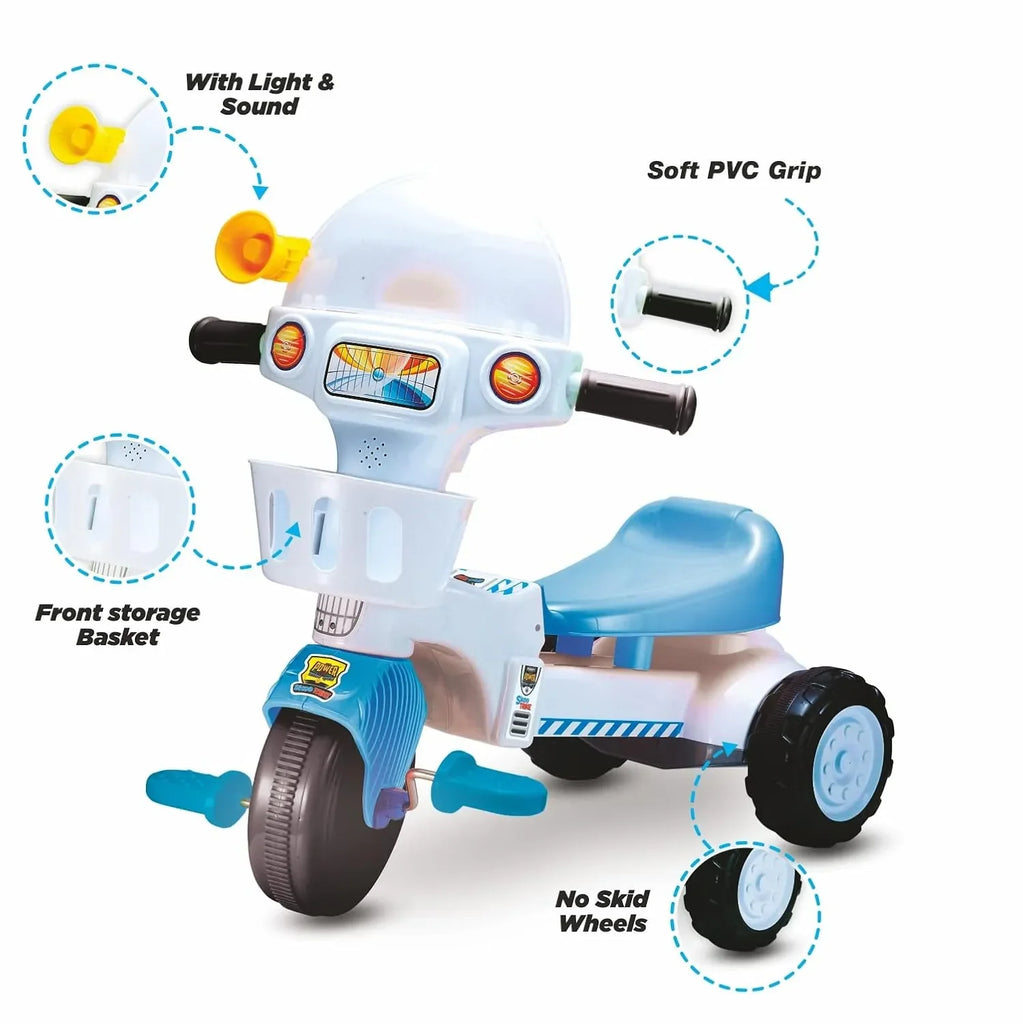 Skoodle PowerPlay Skoo-Trike Blue Tricycle for Kids | Front Storage Basket, Musical Feature, Non-Skid Chunky Wheels | Age 1+ - Naivri