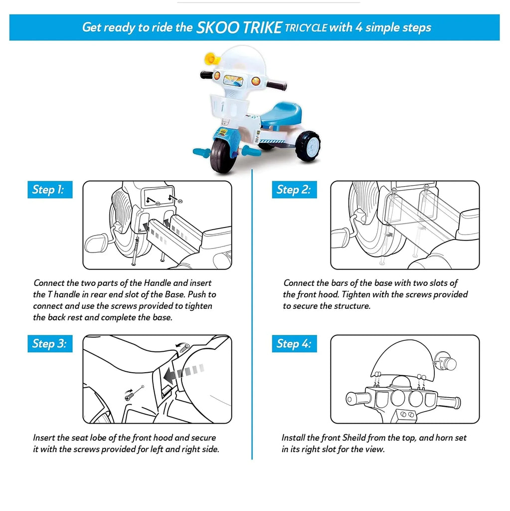 Skoodle PowerPlay Skoo-Trike Blue Tricycle for Kids | Front Storage Basket, Musical Feature, Non-Skid Chunky Wheels | Age 1+ - Naivri