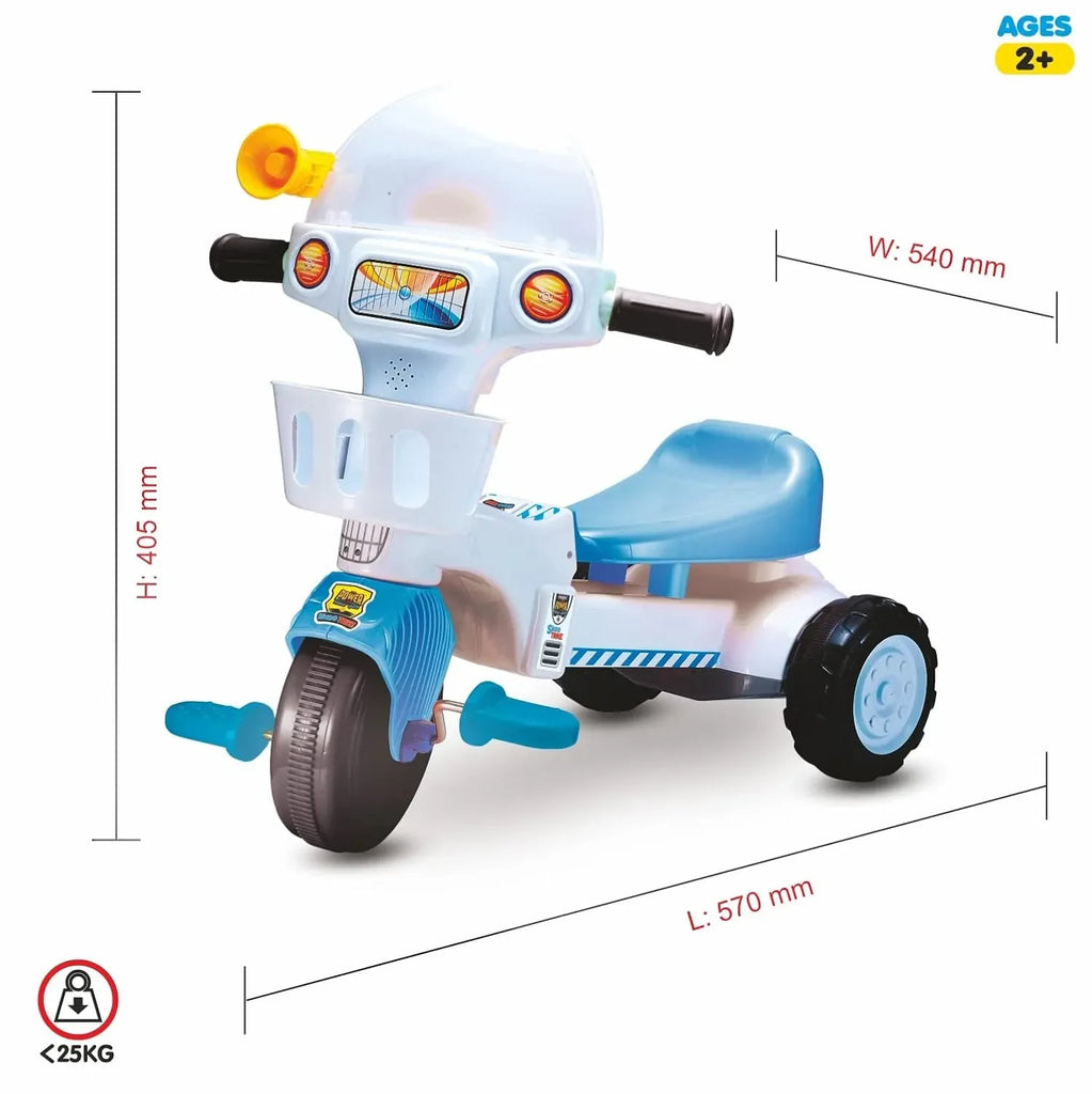 Skoodle PowerPlay Skoo-Trike Blue Tricycle for Kids | Front Storage Basket, Musical Feature, Non-Skid Chunky Wheels | Age 1+ - Naivri