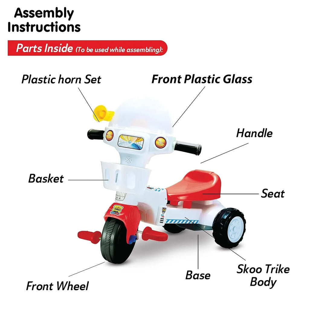 Skoodle PowerPlay Skoo-Trike Red Tricycle for Kids | Front Storage Basket, Musical Feature, Non-Skid Chunky Wheels | Age 1+ - Naivri