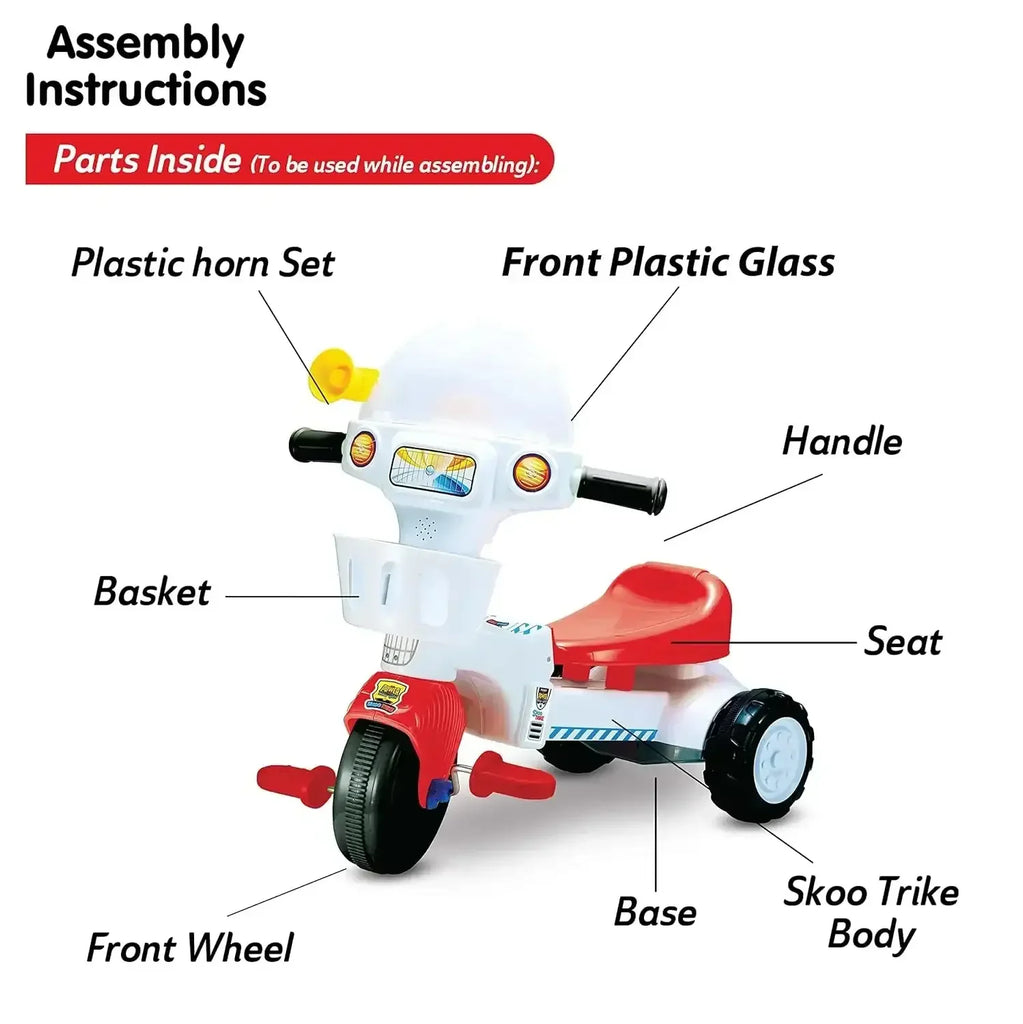 Skoodle PowerPlay Skoo-Trike Red Tricycle for Kids | Front Storage Basket, Musical Feature, Non-Skid Chunky Wheels | Age 1+ - Naivri