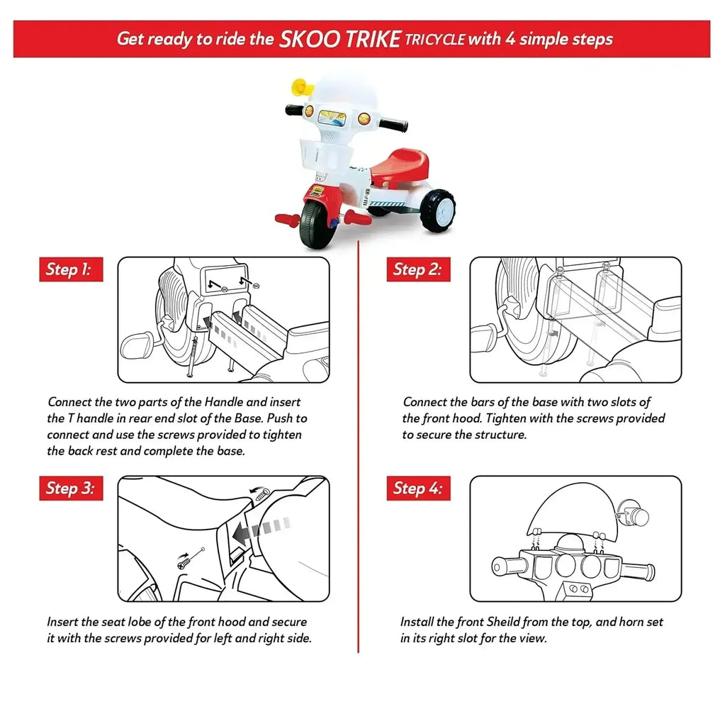 Skoodle PowerPlay Skoo-Trike Red Tricycle for Kids | Front Storage Basket, Musical Feature, Non-Skid Chunky Wheels | Age 1+ - Naivri
