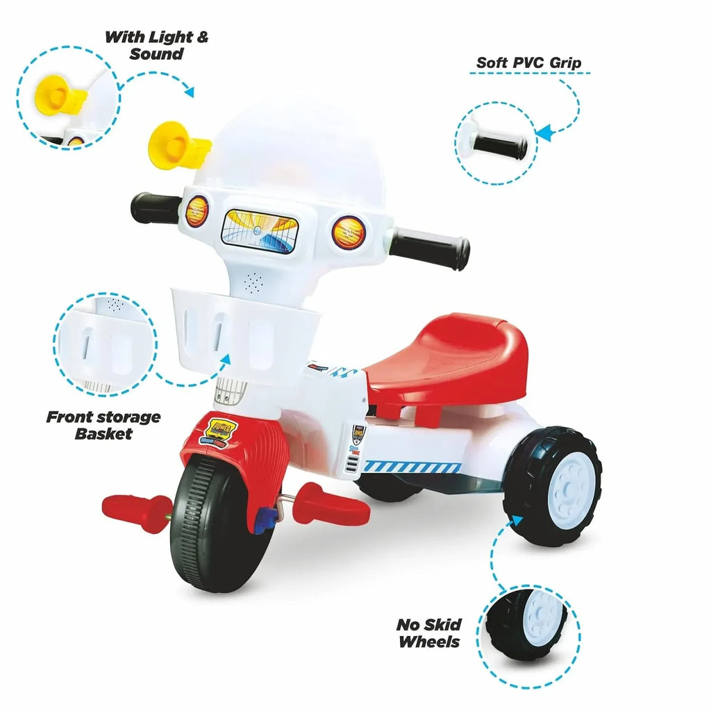 Skoodle PowerPlay Skoo-Trike Red Tricycle for Kids | Front Storage Basket, Musical Feature, Non-Skid Chunky Wheels | Age 1+ - Naivri