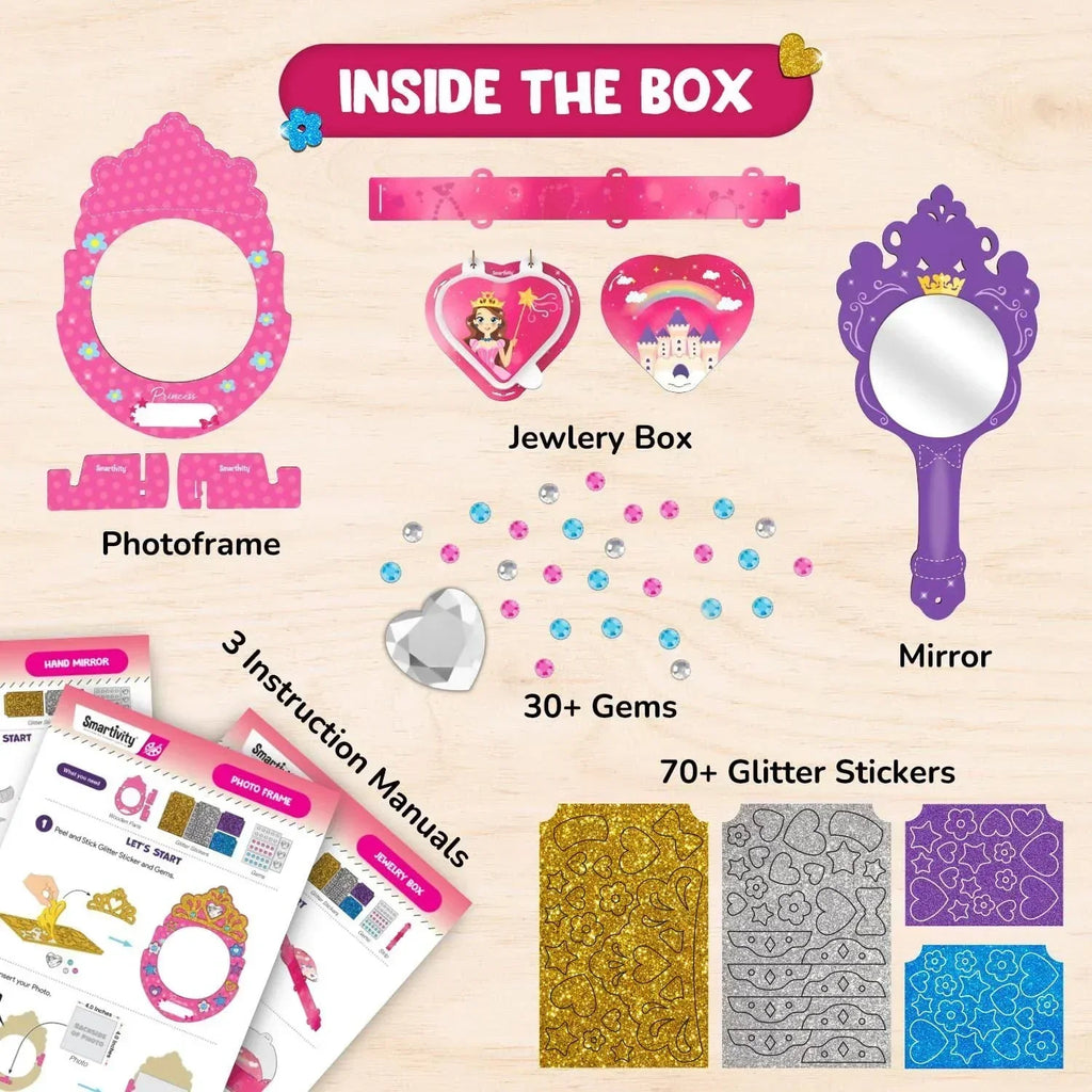 Smartivity Little Princess Craft Box for Girls – DIY Art & Craft Kit with Jewellery Box, Mirror & Frame | Age 4-8 Years | Kids Craft Activity Set with Gems & Glitter | Birthday Gift for Kids - Naivri