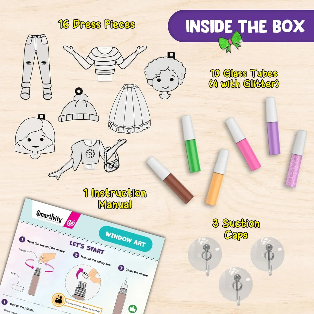 Smartivity Window Art Dress Up Fashion DIY Kit for Girls Age 5 to 10 | 225+ Outfit Combinations | Glass Painting Activity Kit for Kids | Art & Craft Birthday Gift - Naivri