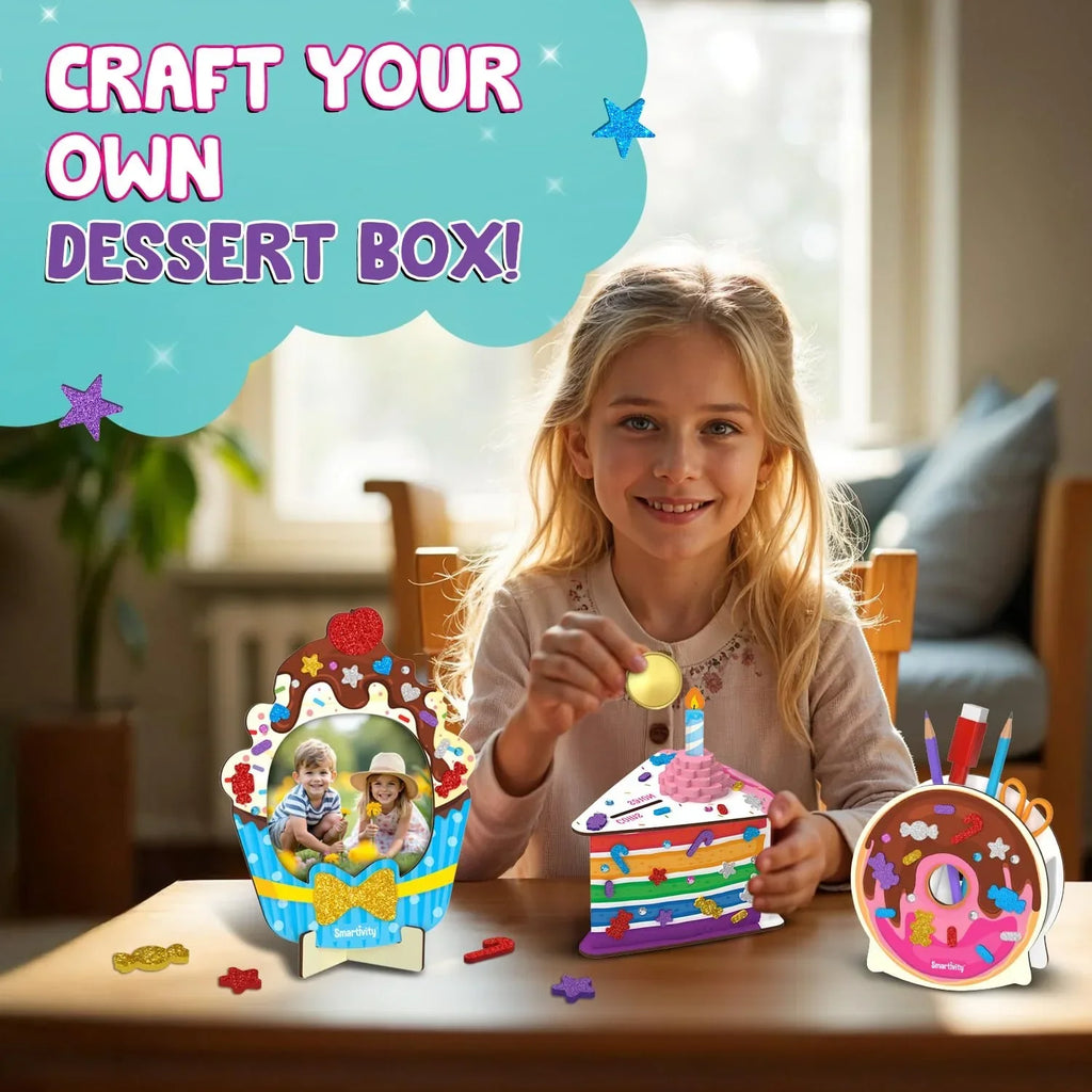 Smartivity Yummy Dessert Craft Box for Kids | DIY Art & Craft Kit to Make Photo Frame, Pen Stand & Money Bank | Age 4–8 Years | Activity Set with Glitter & Gems | Creative Birthday Gift for Girls & Boys - Naivri