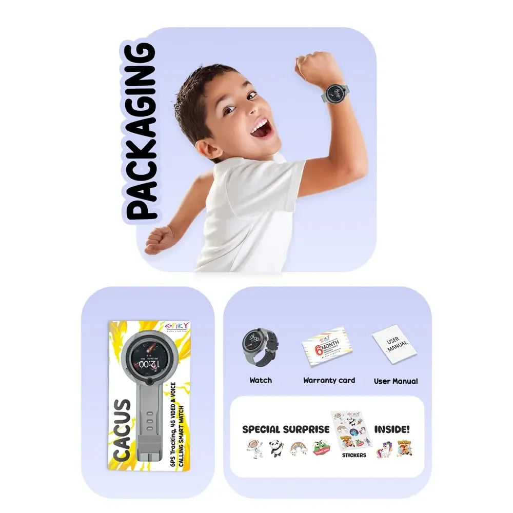 Spiky Cacus 4G Kids Smart Watch Black | GPS Tracker | Video Calling | SOS Emergency | Waterproof IPX7 | 3MP Camera | Voice Messaging | Age 4–12 - Naivri