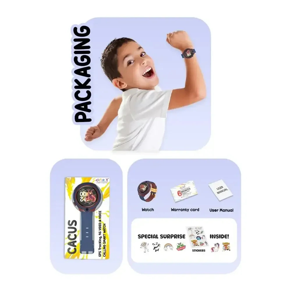 Spiky Cacus 4G Kids Smart Watch Blue | GPS Tracker | Video Calling | IPX7 Waterproof | SOS Emergency | 3MP Camera | Voice Messaging | Multi-UI | For Ages 4–12 - Naivri