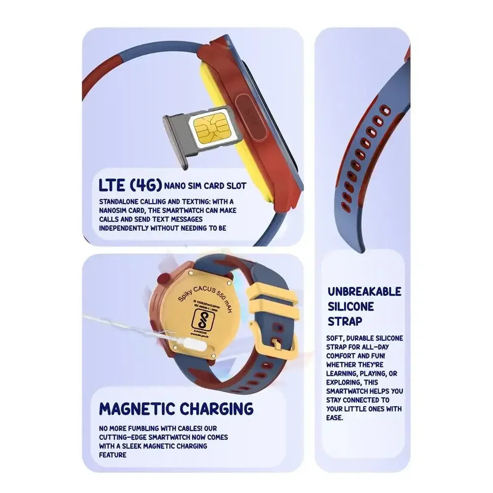 Spiky Cacus 4G Kids Smart Watch Blue | GPS Tracker | Video Calling | IPX7 Waterproof | SOS Emergency | 3MP Camera | Voice Messaging | Multi-UI | For Ages 4–12 - Naivri