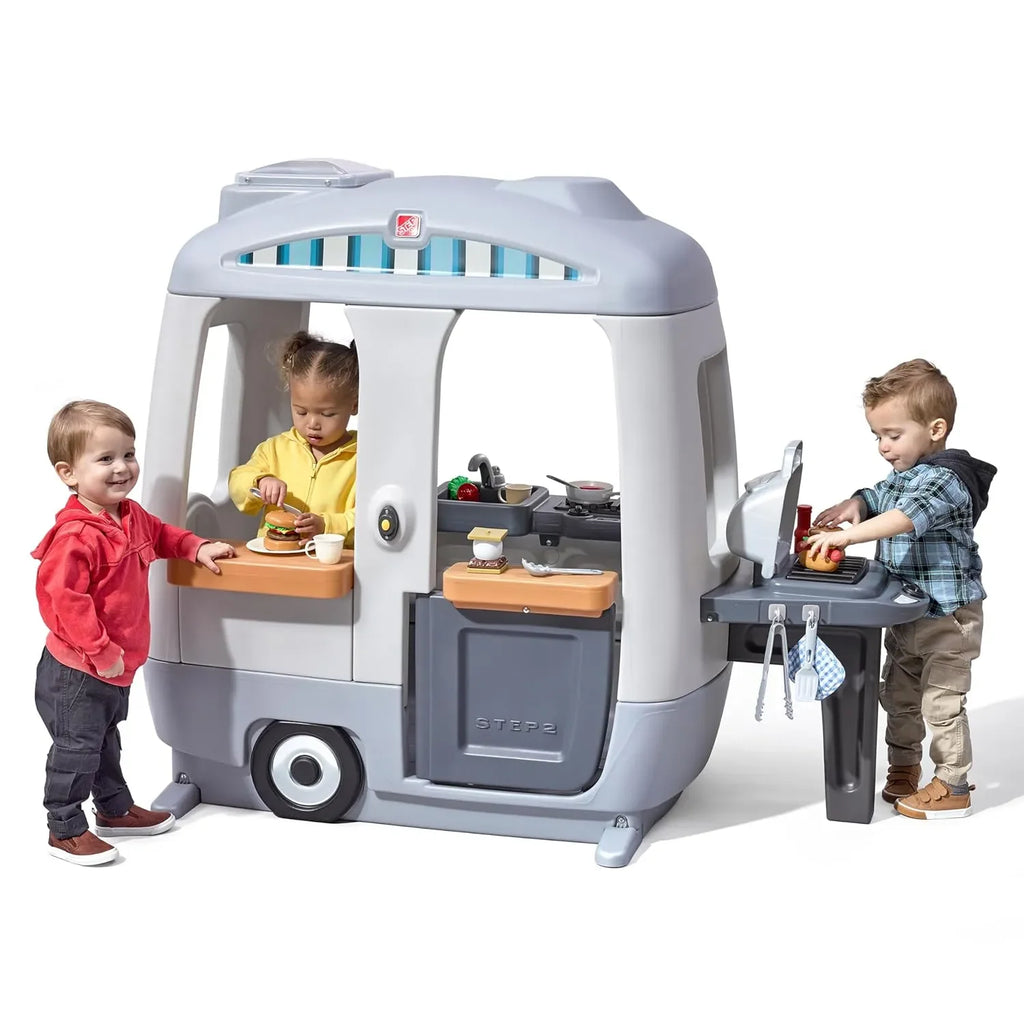 Step2 Adventure Camper Playhouse for Kids | Outdoor Pretend Play Camper with Kitchen, Doorbell, and 50+ Accessories | Ages 2–10 Years | Durable Plastic Play Tent - Naivri