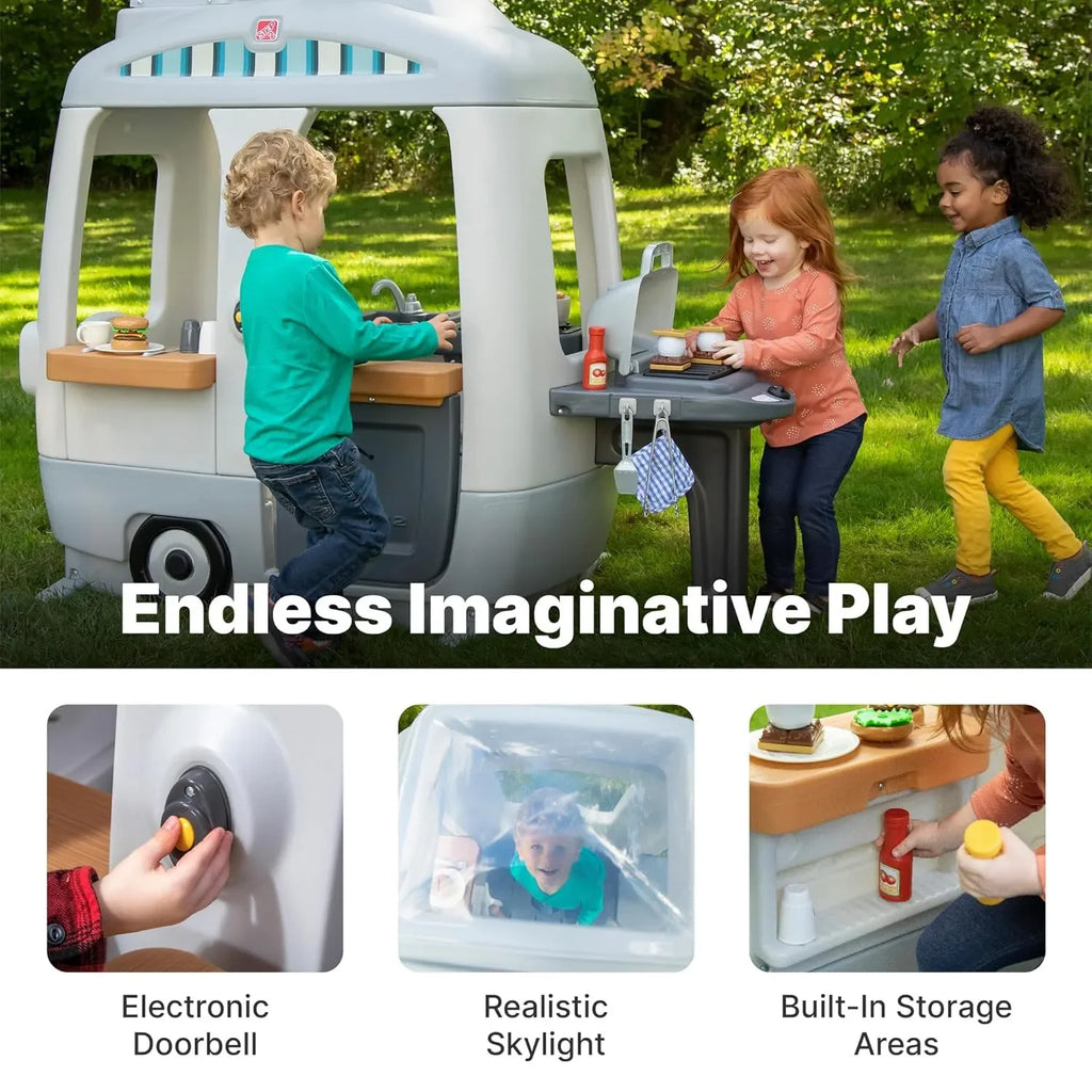 Step2 Adventure Camper Playhouse for Kids | Outdoor Pretend Play Camper with Kitchen, Doorbell, and 50+ Accessories | Ages 2–10 Years | Durable Plastic Play Tent - Naivri