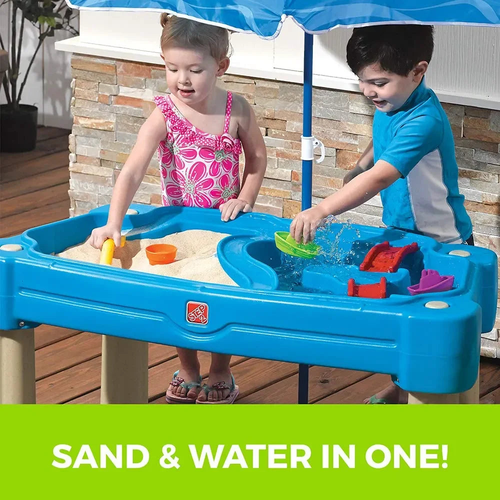 Step2 Cascading Cove Dual Sand and Water Sensory Play Table with Umbrella for Toddlers and Kids - Naivri