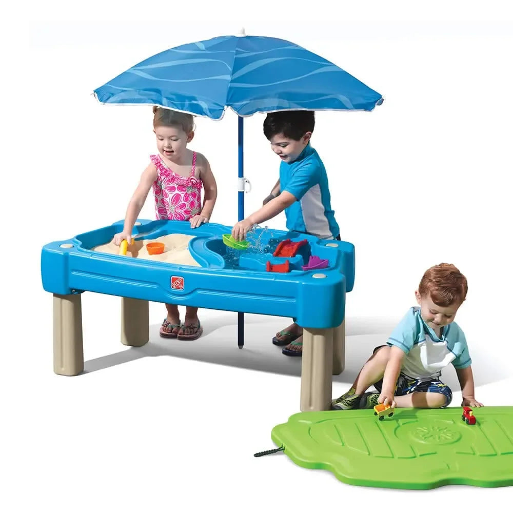 Step2 Cascading Cove Dual Sand and Water Sensory Play Table with Umbrella for Toddlers and Kids - Naivri