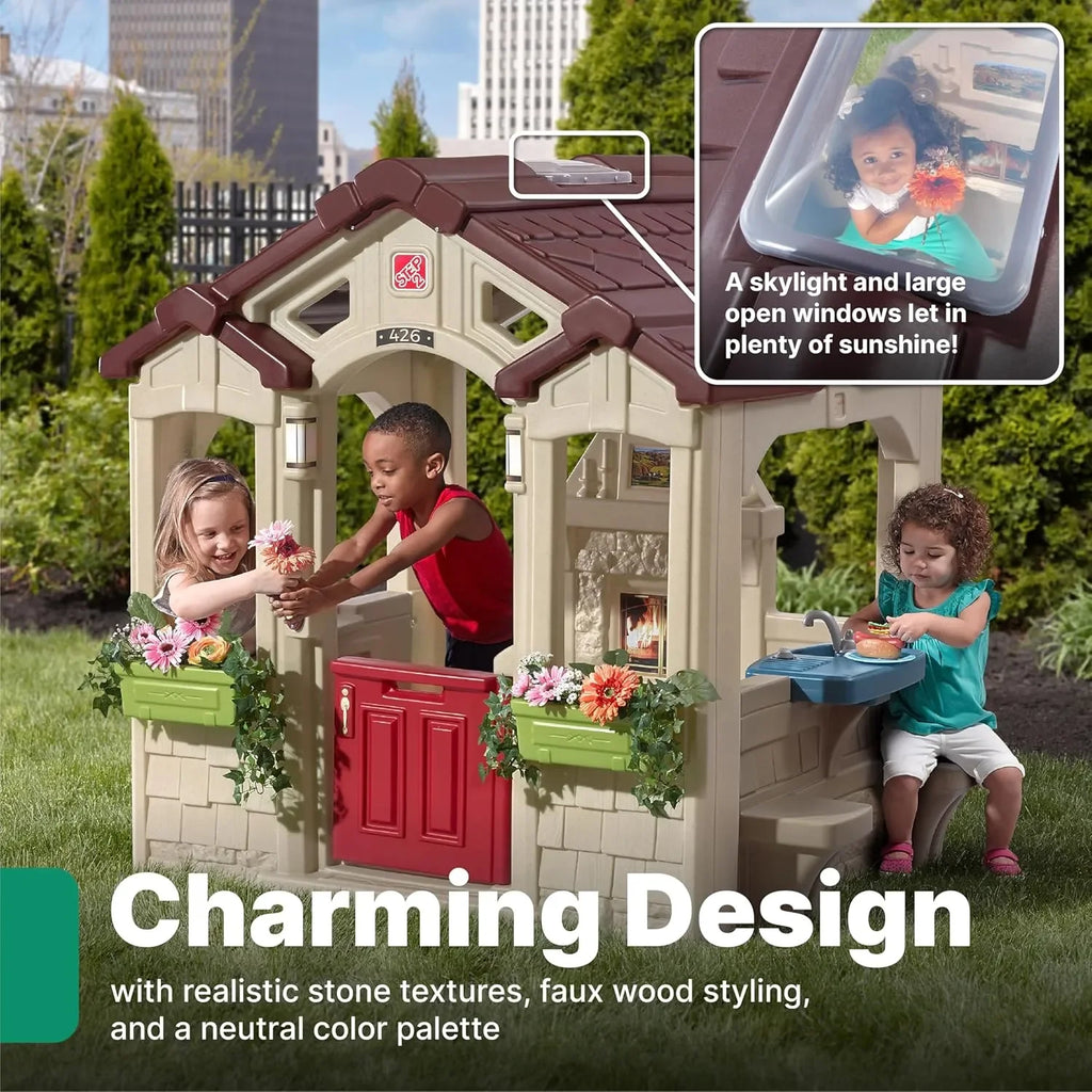 Step2 Charming Cottage Playhouse for Kids – Durable Backyard Playhouse with Working Doorbell, Molded Sink & Outdoor Table | Ages 2-10 - Naivri