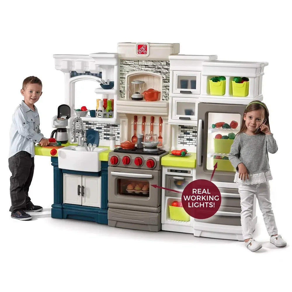 Step2 Elegant Edge Kitchen Playset for Kids – Modern Pretend Play Kitchen with 78-Piece Accessory Set, Working Lights & Sounds | Ages 3-10 - Naivri