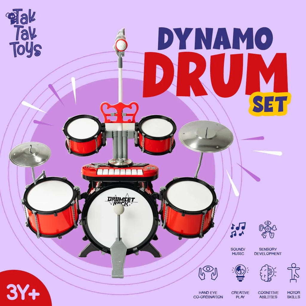 Tak Tak Toys Dynamo Drumset – Kids Musical Drum Kit with Mic & Phone Holder | Age 3+ - Naivri