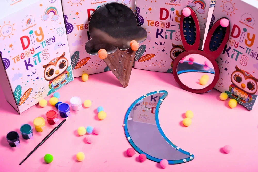 Teeny Tiny DIY Mirror Decorating Kit for Kids – Set of 3 | Paint, Glitter & Pom Poms | iLearnNGrow - Naivri