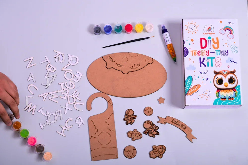 Teeny Tiny Space Theme DIY Name Plate & Door Knob Kit – Paint & Decor Craft Set for Kids | iLearnNGrow - Naivri