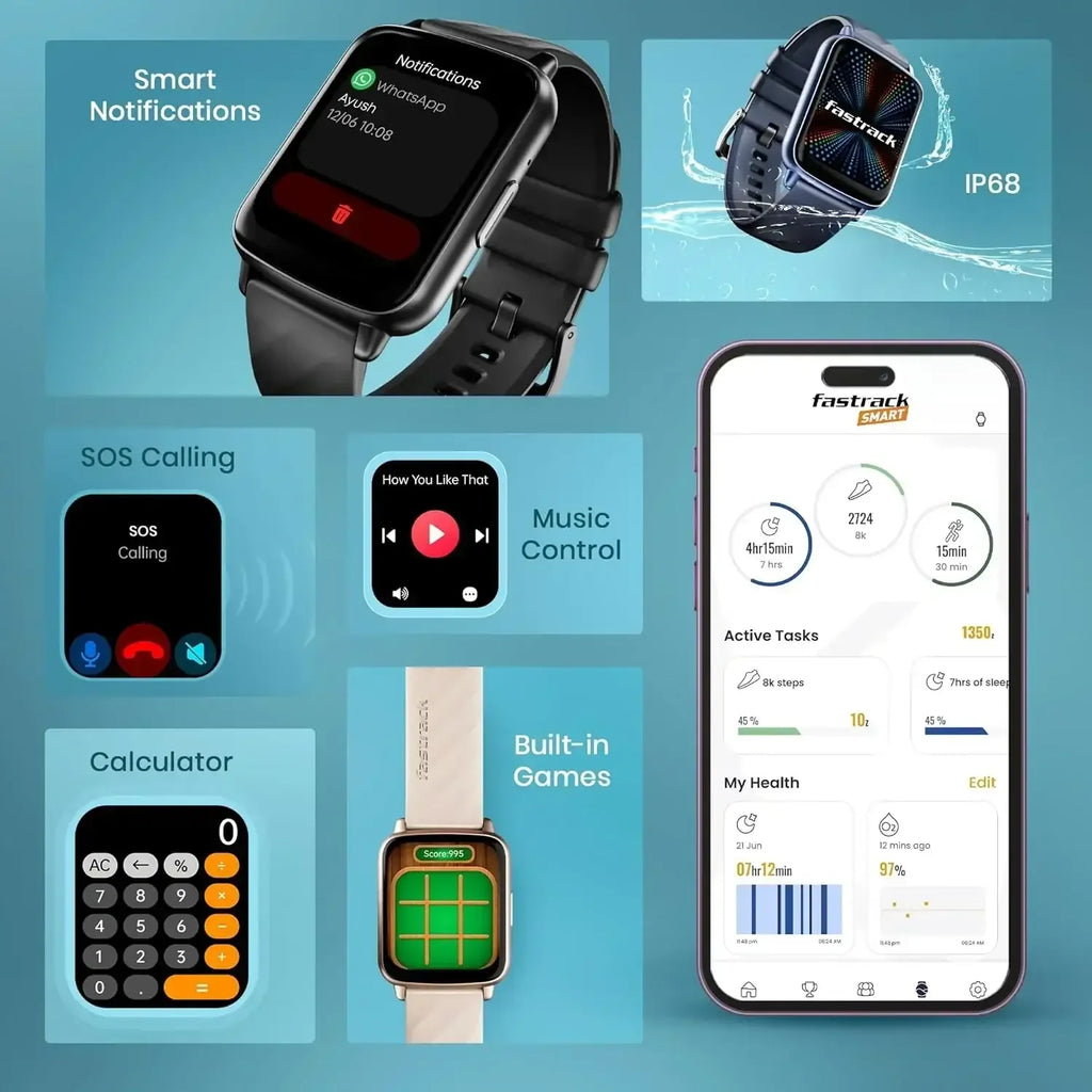 Titan Fastrack Volt S1 Smart Watch for Men and Women with 1.83" Display, Bluetooth Calling, 100+ Sports Modes, Heart Rate & SpO2 Tracker (Assorted Colours) - Naivri