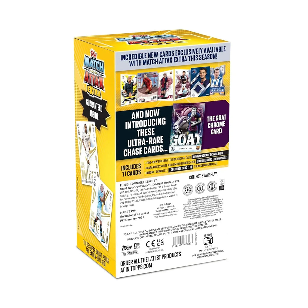 Topps Match Attax Extra 2025 Super Smart Pack – UCL & WUCL Trading Cards (71 Cards, 1 Pro-View Exclusive, 7 Limited Editions, Chrome-X Chance) - Naivri