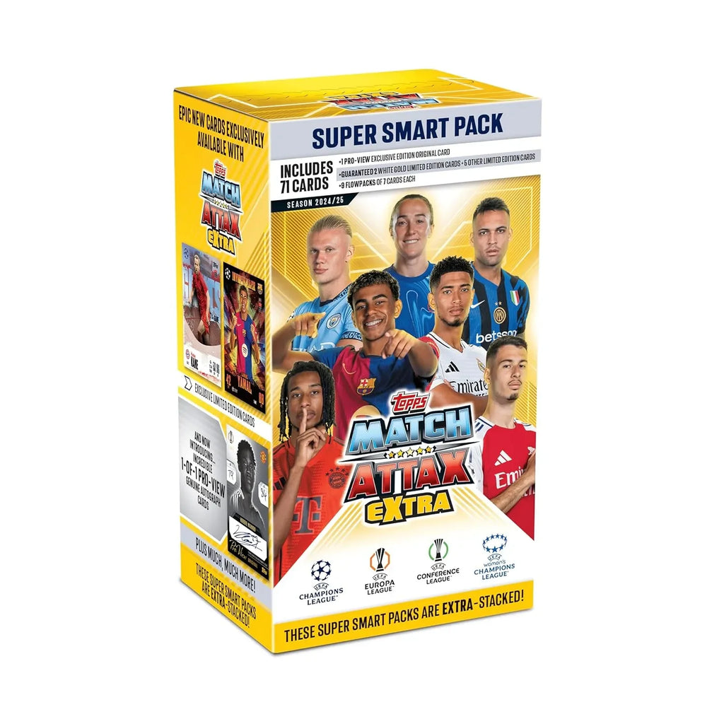 Topps Match Attax Extra 2025 Super Smart Pack – UCL & WUCL Trading Cards (71 Cards, 1 Pro-View Exclusive, 7 Limited Editions, Chrome-X Chance) - Naivri