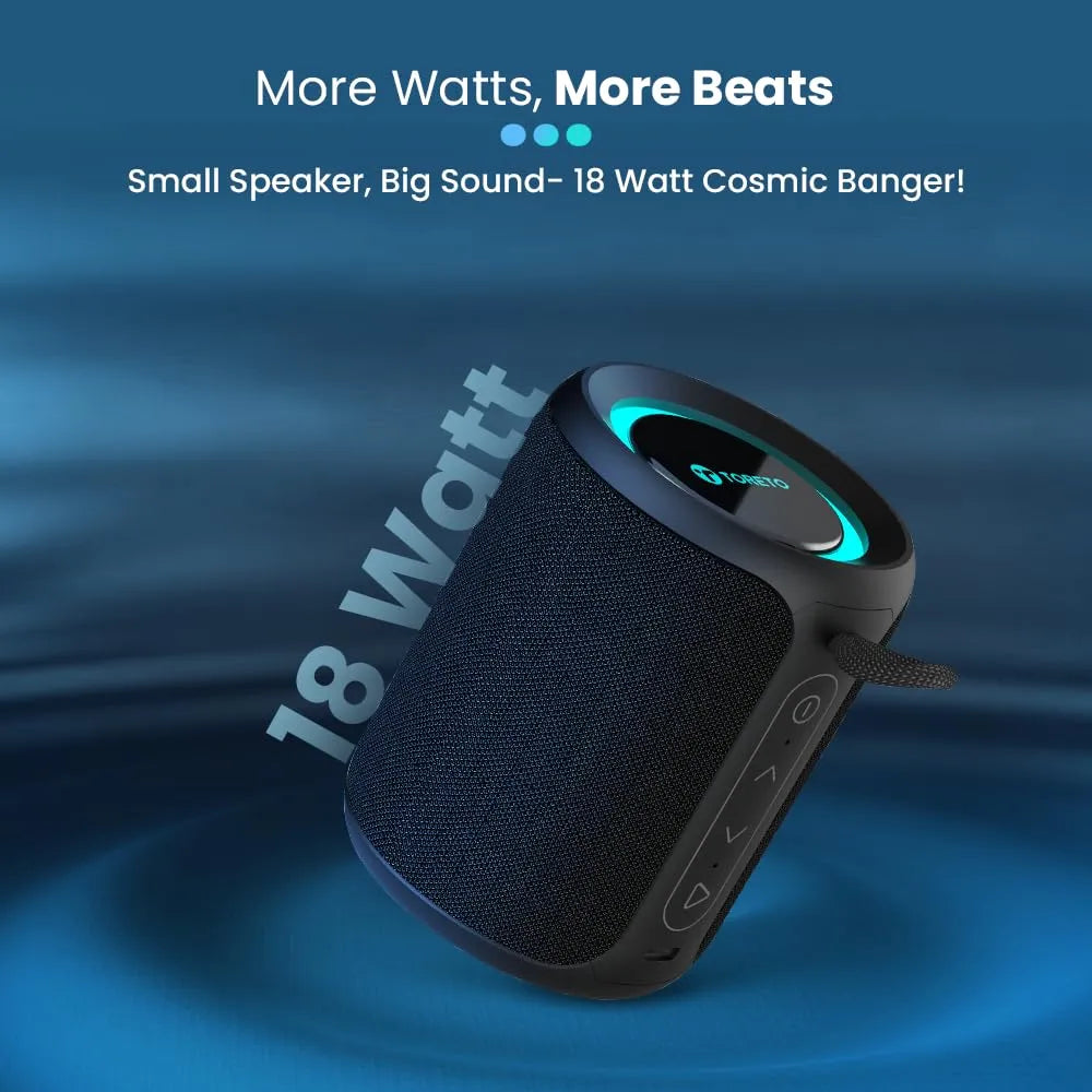 Toreto Cosmo 18W Portable Bluetooth Speaker (Black) - Immersive 360° Surround Sound - Naivri