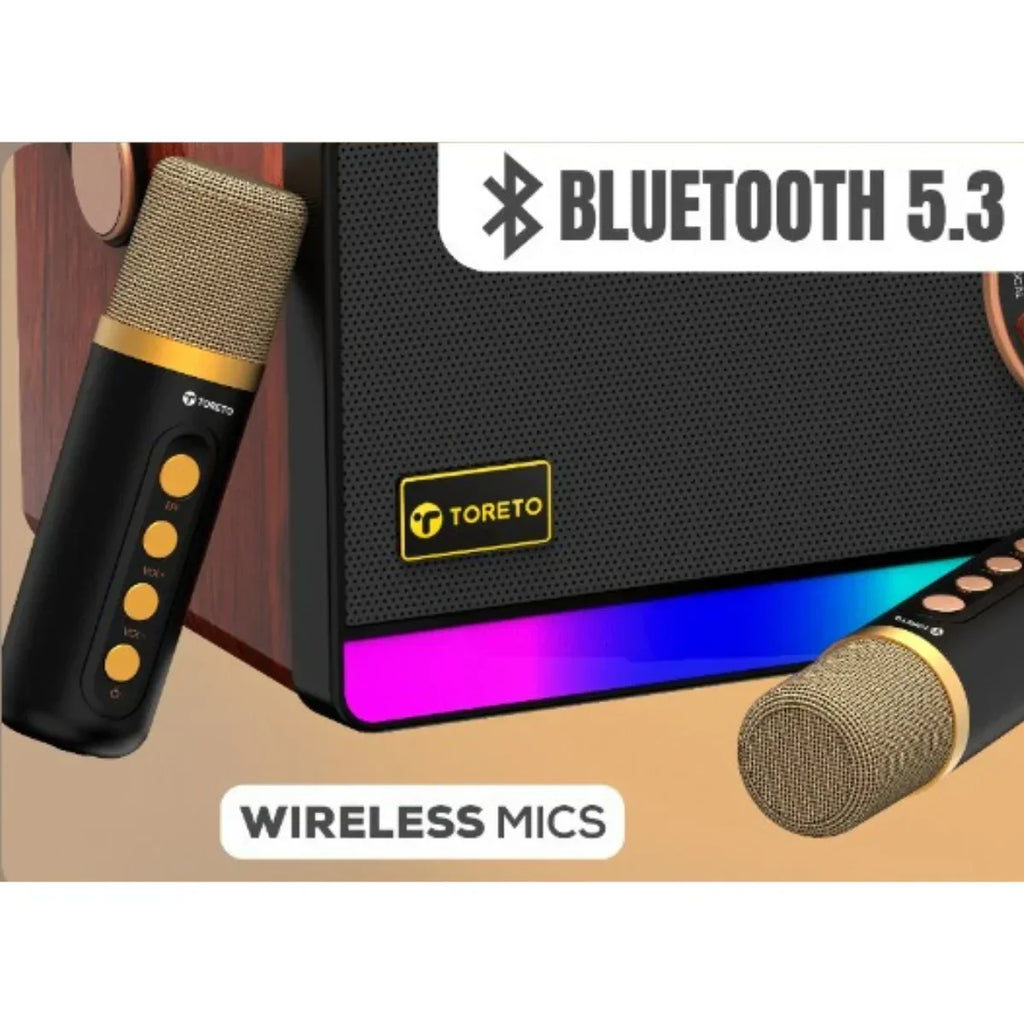 Toreto Jambox TOR-456 30W Portable Bluetooth Speaker with Dual Wireless Mic, Wooden Finish, Deep Bass, 2000mAh Battery, USB/TF/AUX/Type-C, 5H Playtime, Karaoke & Party Speaker - Naivri