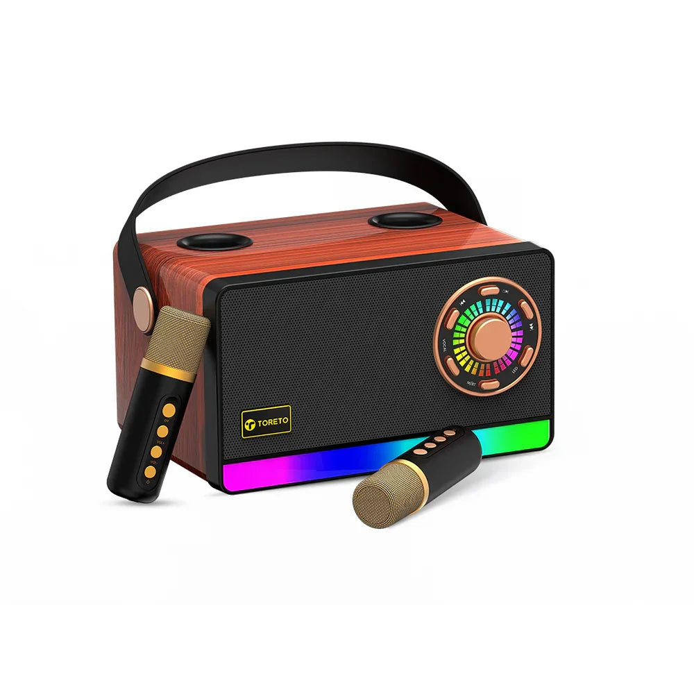 Toreto Jambox TOR-456 30W Portable Bluetooth Speaker with Dual Wireless Mic, Wooden Finish, Deep Bass, 2000mAh Battery, USB/TF/AUX/Type-C, 5H Playtime, Karaoke & Party Speaker - Naivri