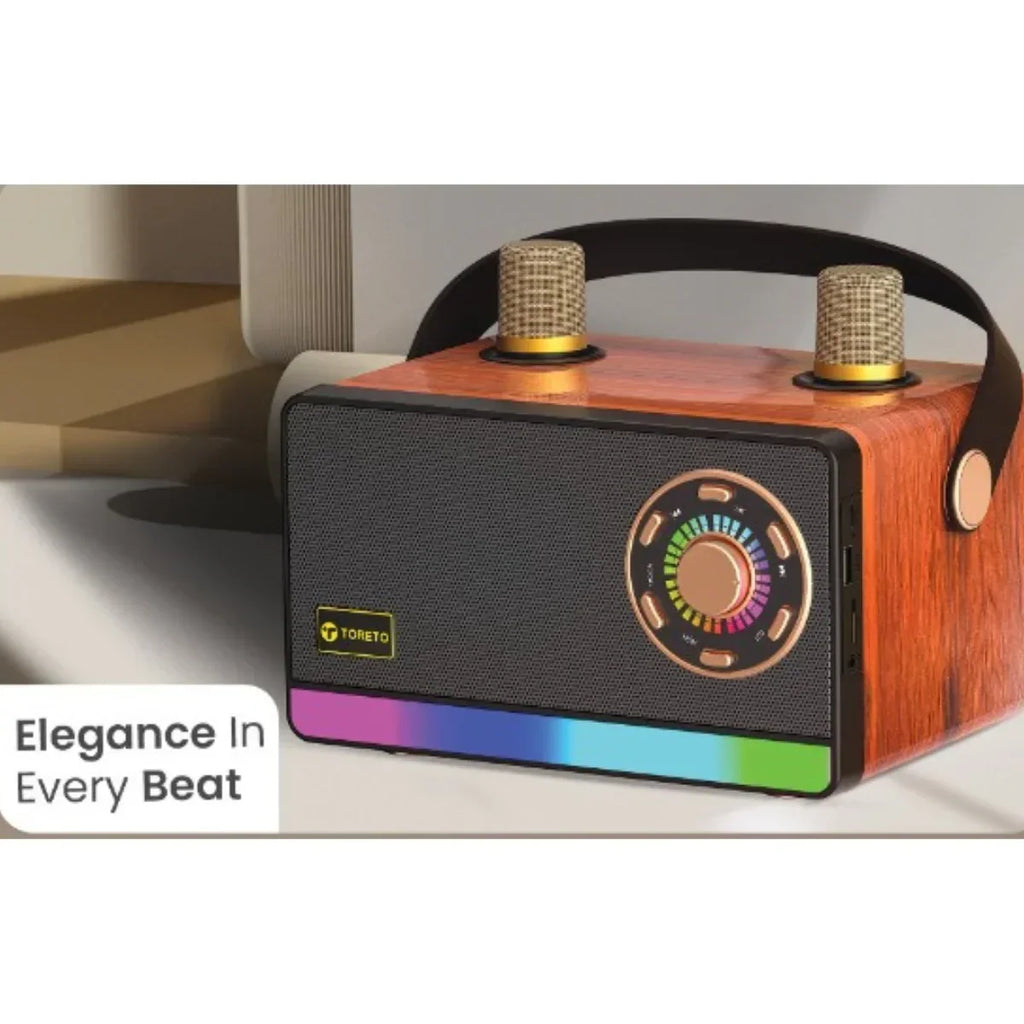 Toreto Jambox TOR-456 30W Portable Bluetooth Speaker with Dual Wireless Mic, Wooden Finish, Deep Bass, 2000mAh Battery, USB/TF/AUX/Type-C, 5H Playtime, Karaoke & Party Speaker - Naivri