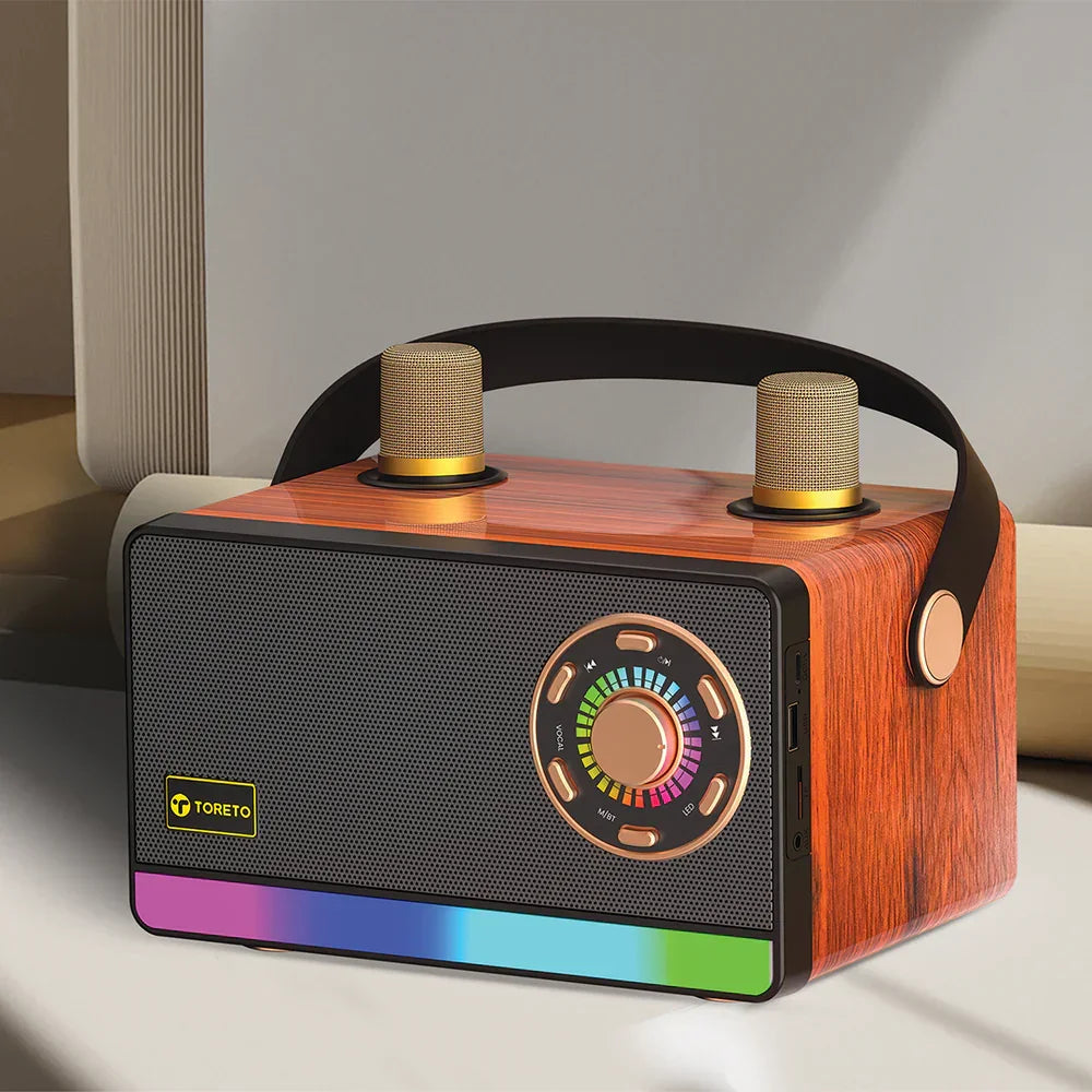 Toreto Jambox TOR-456 30W Portable Bluetooth Speaker with Dual Wireless Mic, Wooden Finish, Deep Bass, 2000mAh Battery, USB/TF/AUX/Type-C, 5H Playtime, Karaoke & Party Speaker - Naivri