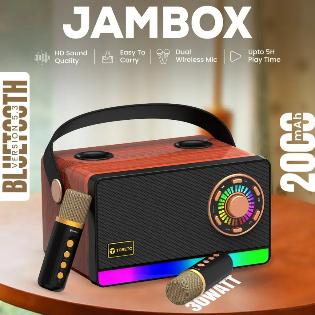 Toreto Jambox TOR-456 30W Portable Bluetooth Speaker with Dual Wireless Mic, Wooden Finish, Deep Bass, 2000mAh Battery, USB/TF/AUX/Type-C, 5H Playtime, Karaoke & Party Speaker - Naivri