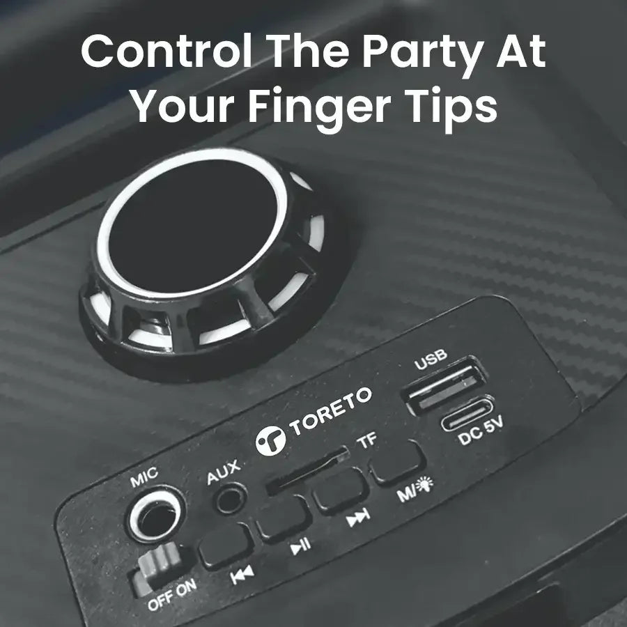 Toreto Party Thrillz TOR-1322 30W Portable Bluetooth Speaker with Single Wireless Mic, RGB Lights, LED Display, ABS Build, Type-C Charging, AUX/FM/TF Card Support, HD Sound - Naivri